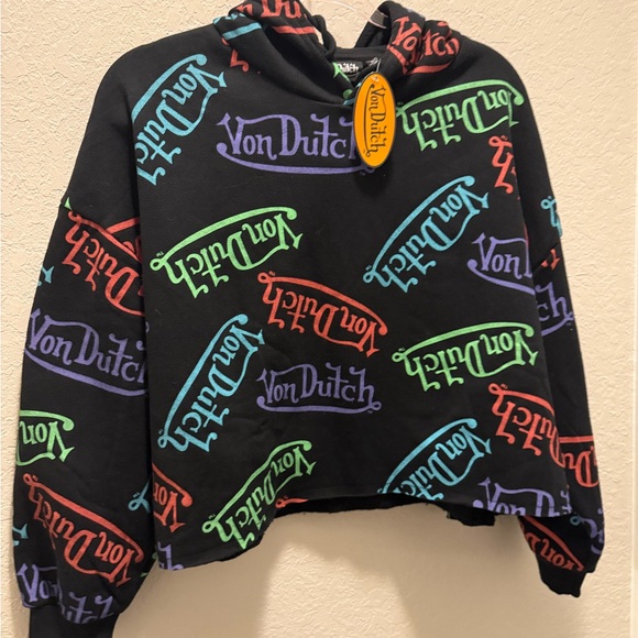 Von Dutch Women's Black Crop Hoodie with Colorful Logo Pattern size L - Picture 3 of 7